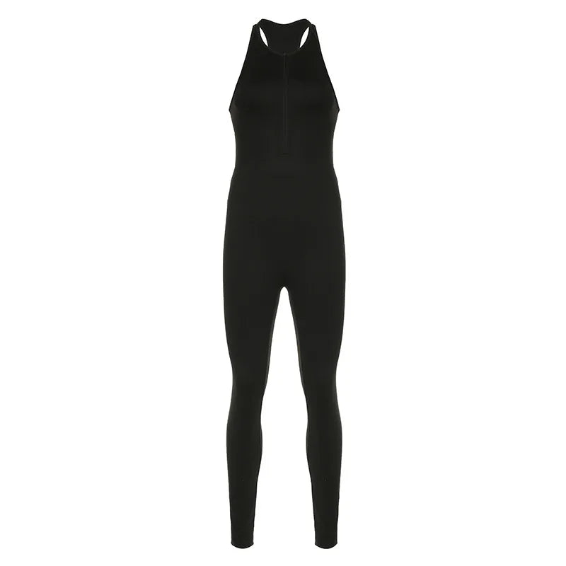 Solid Color Splicing Zipper Hollow Out Backless Tight Fitting Sleeveless Jumpsuit Pants European American Sports Yoga Women's