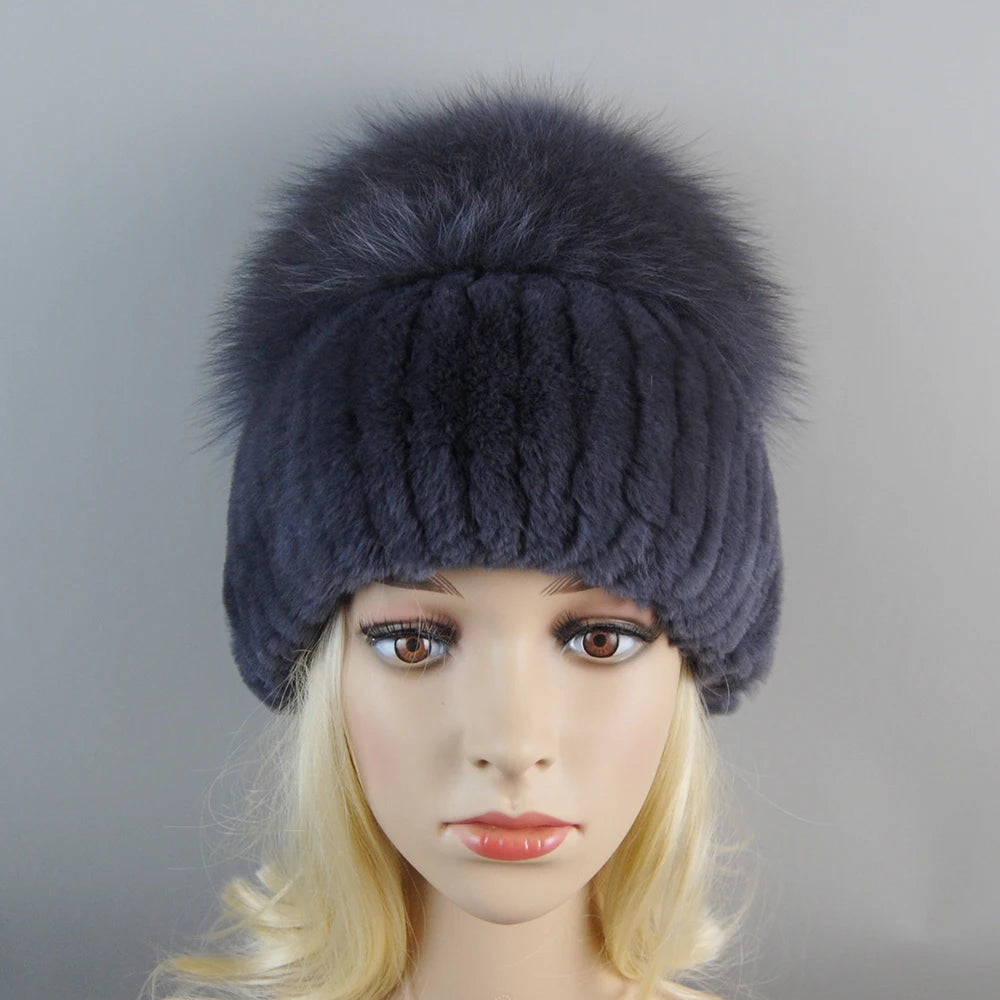 New Winter Lady Brand Hand Make Real Genuine Fox Fur Hat Scarf Girls Natural Real Rex Rabbit Fur Ring Cap Real Fur Scarves Hats