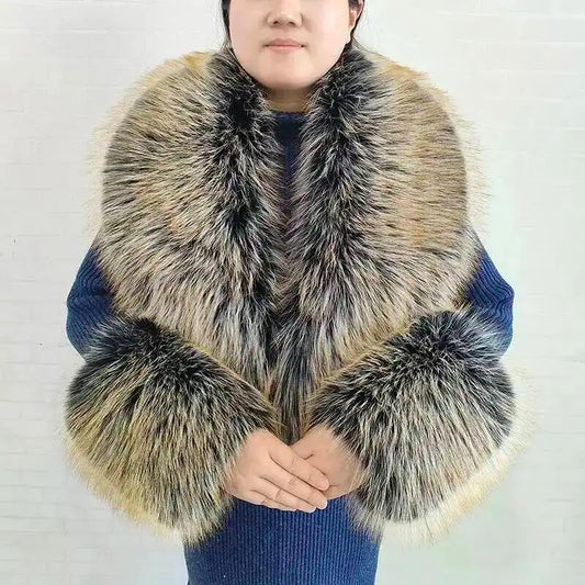 Large Women Faux Fox Fur Scarf Winter Jackets Warm Fluffy Shawl Fashion Artificial Fur Collar And Cuff Set Fluffy Scarves Female