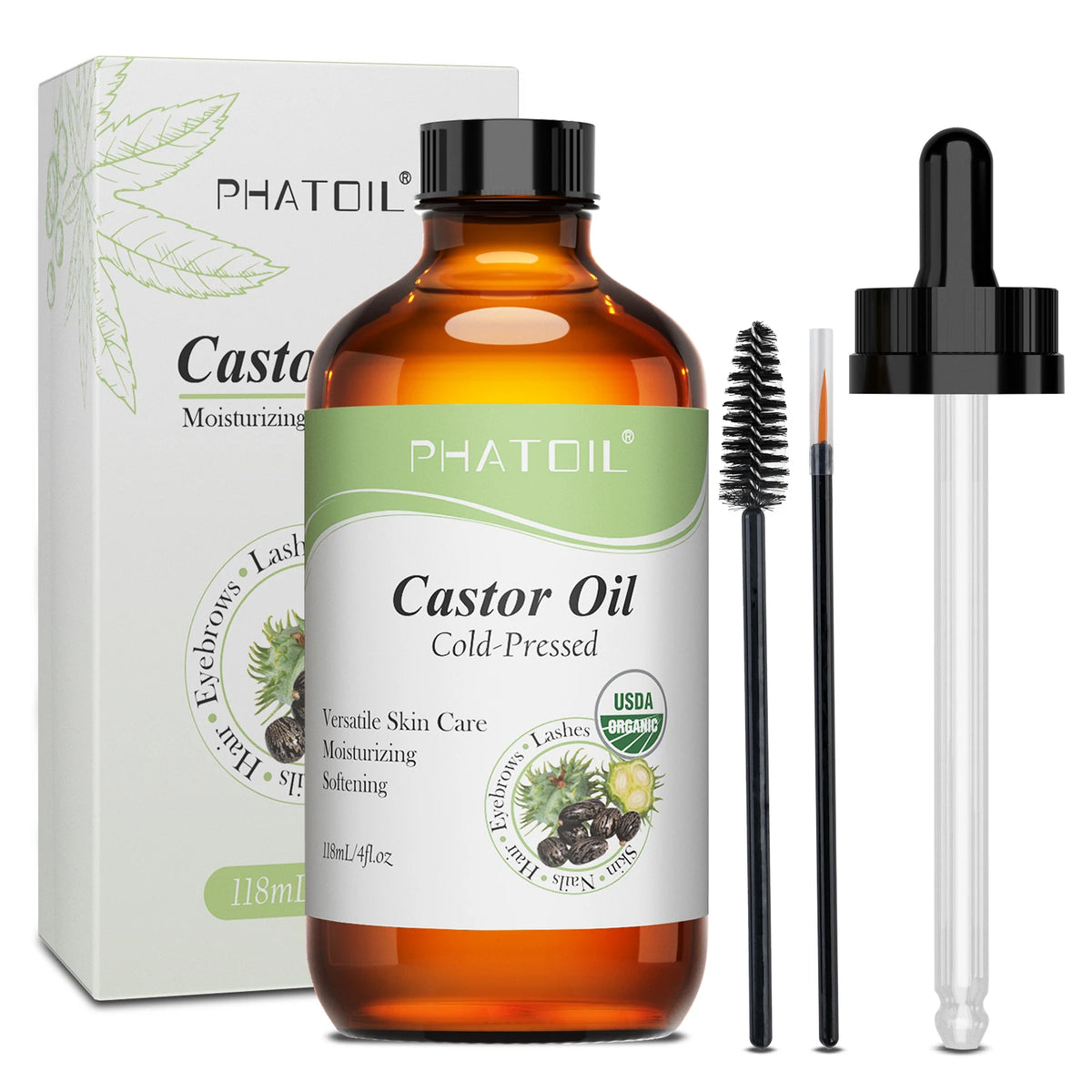 PHATOIL 236ml/118ml Organic Cold-Pressed Castor Oil For Eyelashes & Eyebrows,Hair Growth,Skin & Nails Care-Natural Castor Oils