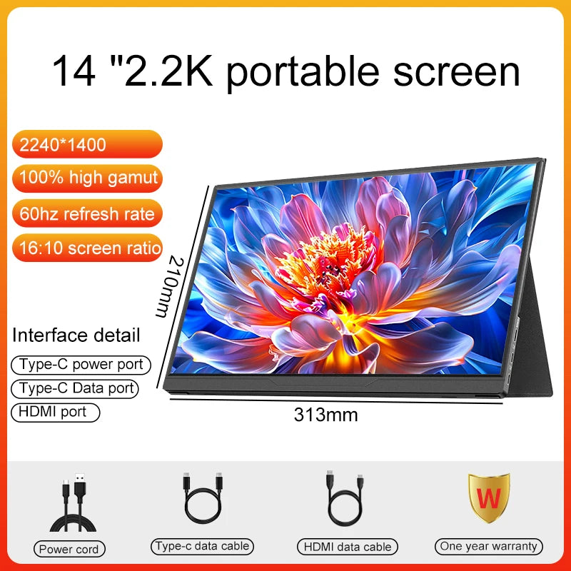 14 Inch Portable Monitor 2.2K for Laptop, Xbox, PS4/5, Switch, TV Box, Cell Phone, PC Extension Monitor for Office and Gaming