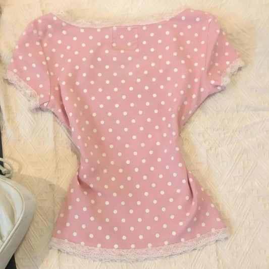 Matakawa Y2k Clothes T Shirt for Women Spring Summer Japanese Style Ropa De Mujer Polka Dot Vintage Sexy Short T-shirts