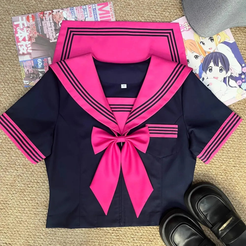 Rose Red Sailor Fuku Suit Korean Japanese High School Girls Student Uniform Women Sexy Jk Uniform Set Short Sleeve Pleated Skirt