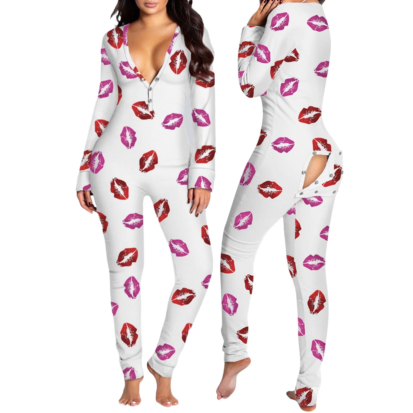Combhasaki Women Sleeping Rompers Pajamas Long Sleeve V-Neck Printed Slim Detachable Crotch Elastic Homewear Jumpsuits