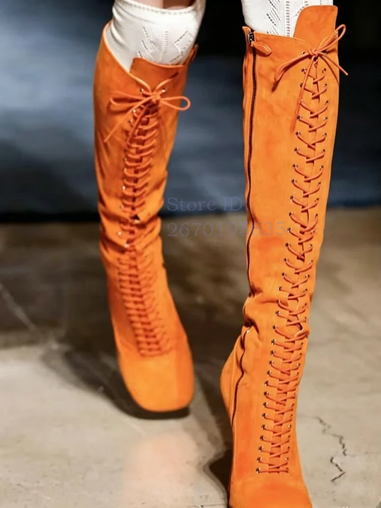 Emerald Green Patent Glitter Knee High Boots Retro Round Toe Lace Up Square Heel Modern Boots 2026 Runway Fashion Women Shoes