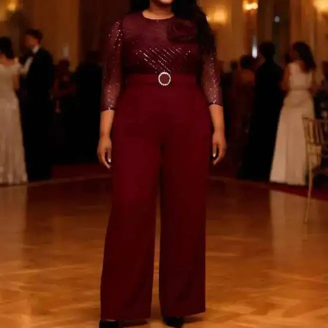 Plus-size Women's Slimming Jumpsuit, High-waisted Wide-leg Jumpsuit With Sheer Mesh Sleeves, Elegant And Suitable For Casual Y2K