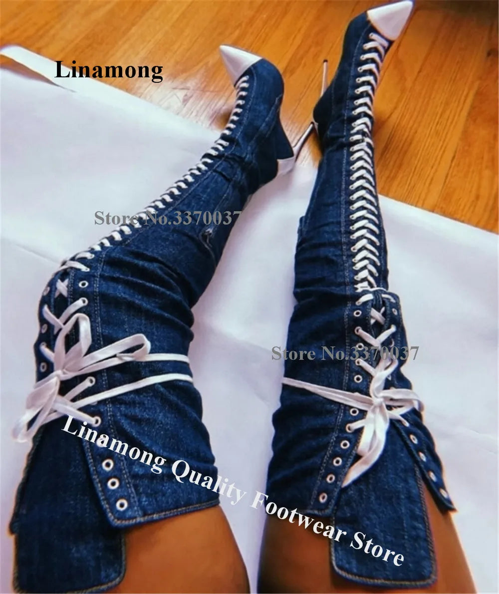 Linamong Blue Black White Denim Patchwork White Stiletto Heel Over Knee Boots Pointed Toe Lace-up Slim Thin Heel Long Boots