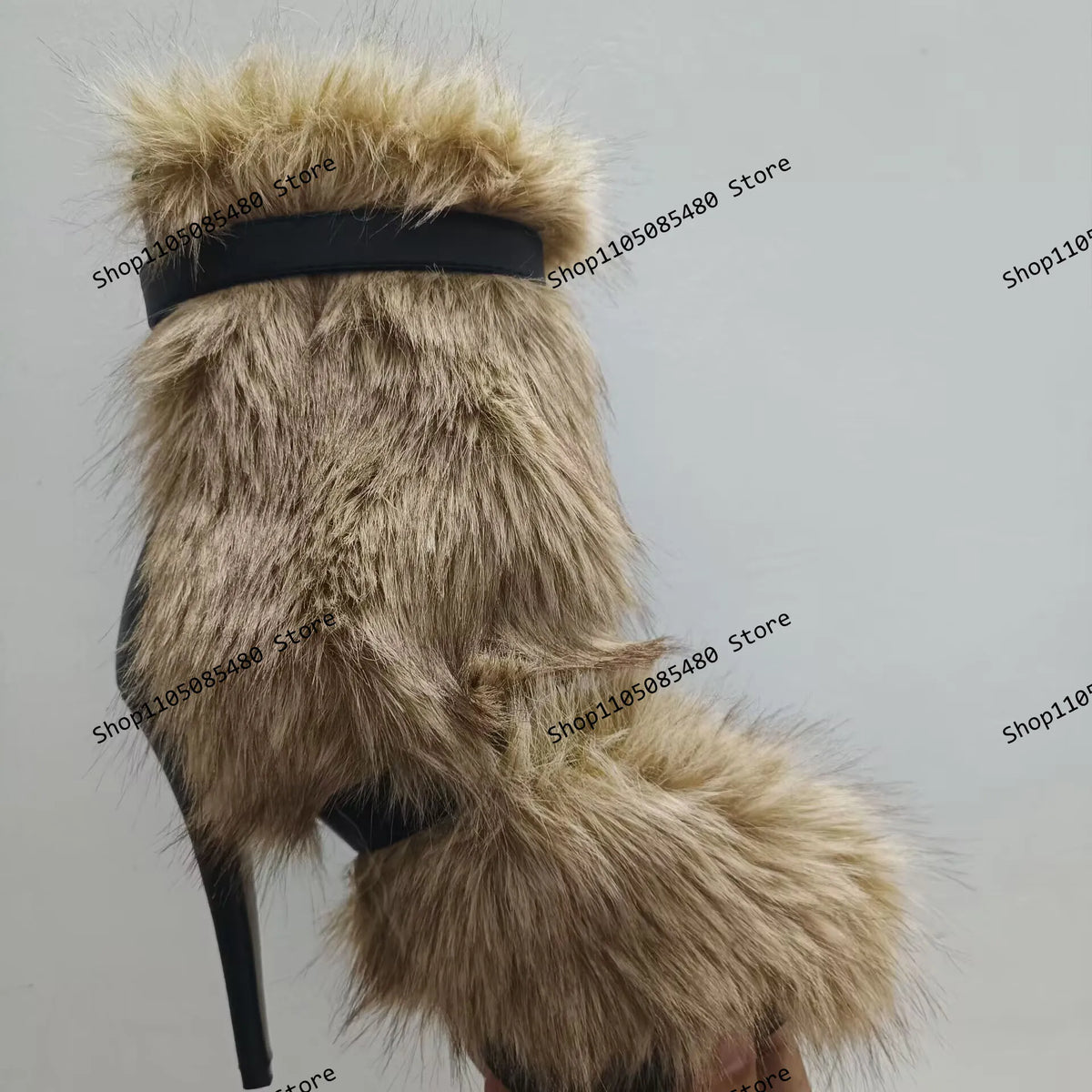 2025 Winter Fur Warm Fashion Boots Pointed Toe Super High Heel Thin Heels Catwalk Ankle Boots Strap Black Boot 44