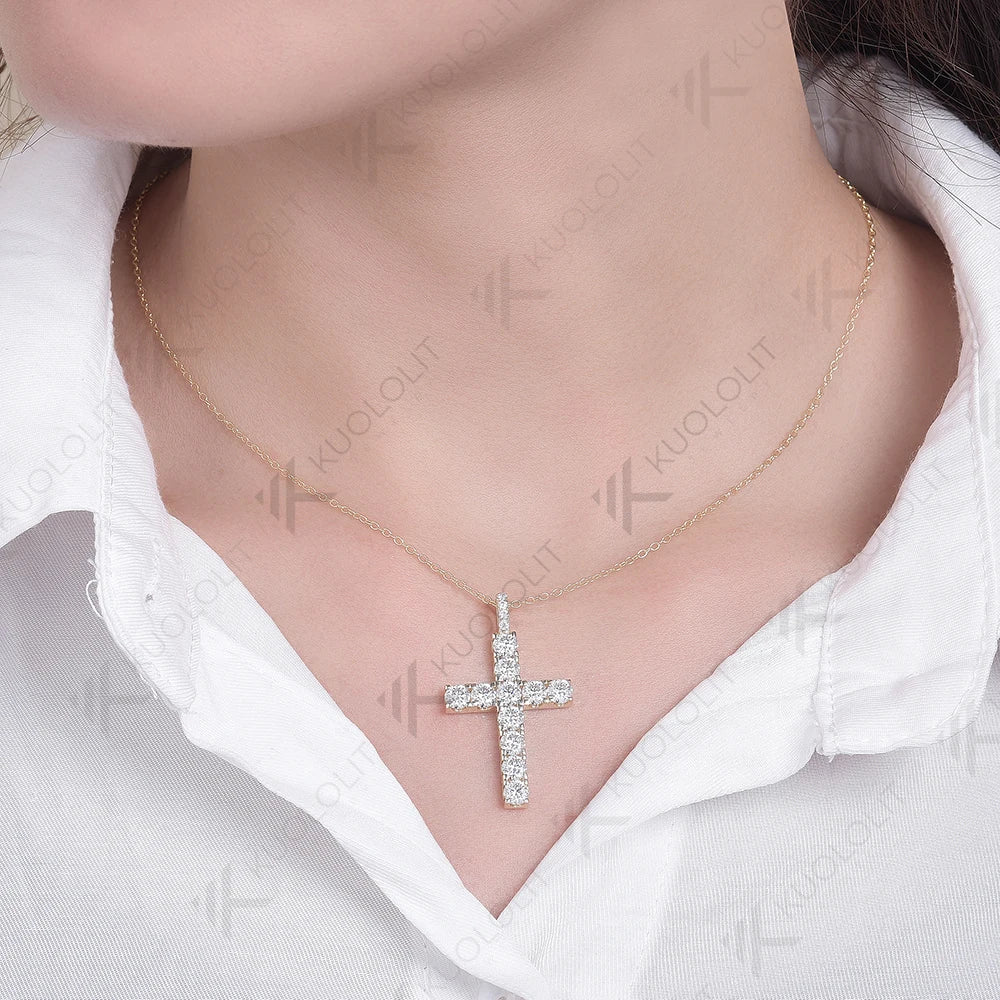Kuololit 3.36ctw Cross Chain Moissanite Pendants for Women Solid 925 10K Sterling Silver Handset Luxury Necklace for Engagement