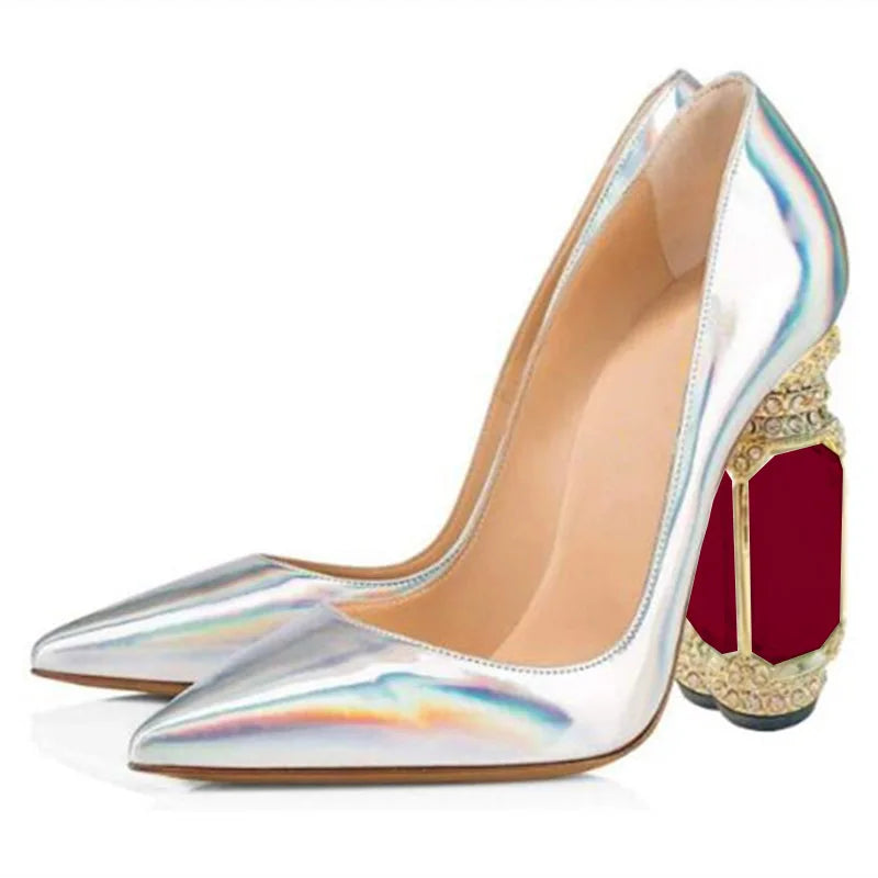 Laser PU Leather Pointed Toe Shallow Women Pumps Shoes Gemstones High Heels Slip On Design Large Size Fashion Shoes