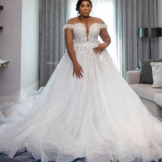 Customized Africa Wedding Dresses for Bride 2024 Sheer Neck Lace up Back Sexy Beads Sequins Plus Size Women Garden Bridal Gowns