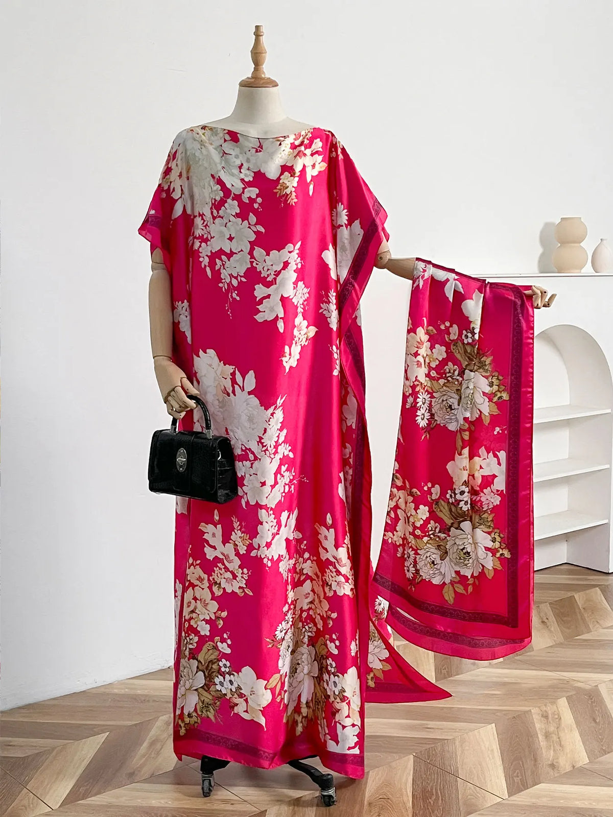 Vintage Peony Floral Print Satin Abaya Scarf Set, Loose Batwing Maxi Kaftan For Muslim Women Summer Holiday Daily Wear