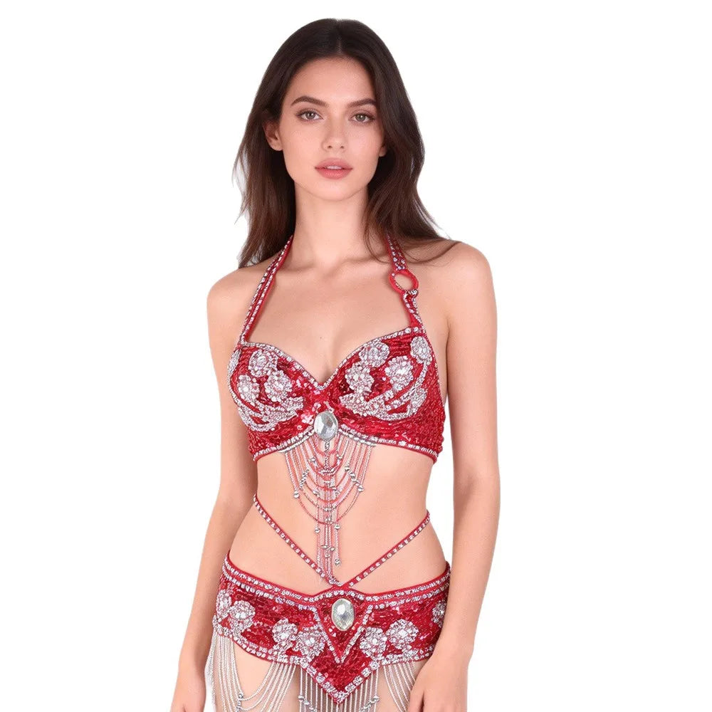 THEEPER Women Belly Dance Costume 2Pcs Set, Hand Beaded Halter Bra Adjustable Waist Belt Rhinestone Tassel Oriental Dance Outfit