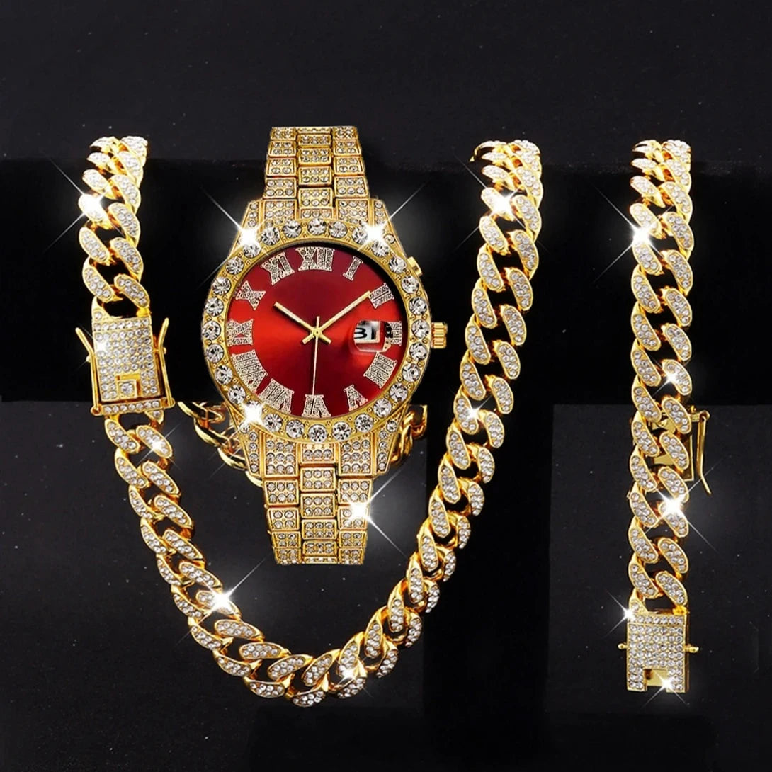 3PCS/Set Luxury Diamond Men's Watches Fashion Roma Dial Stainless Steel Band Quartz Watch Jewelry Set Reloj Hombre(Without Box)