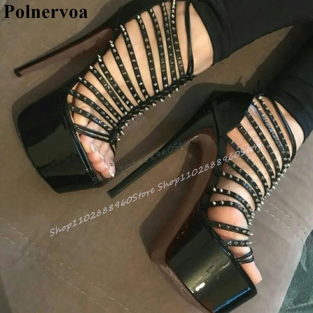 Stylish Black Platform Strappy Rivet Sandals Thin High Heel Women Shoes Back Zipper Open Toe 2025 Fashion Zapatos Para Mujere