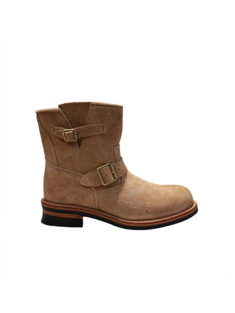 Men New Handmade Comfortable Buckle Ankle Boots High Top Mid Heel Sneakers Classic Cow Suede Leather Work Shoes Motorcycle Boots
