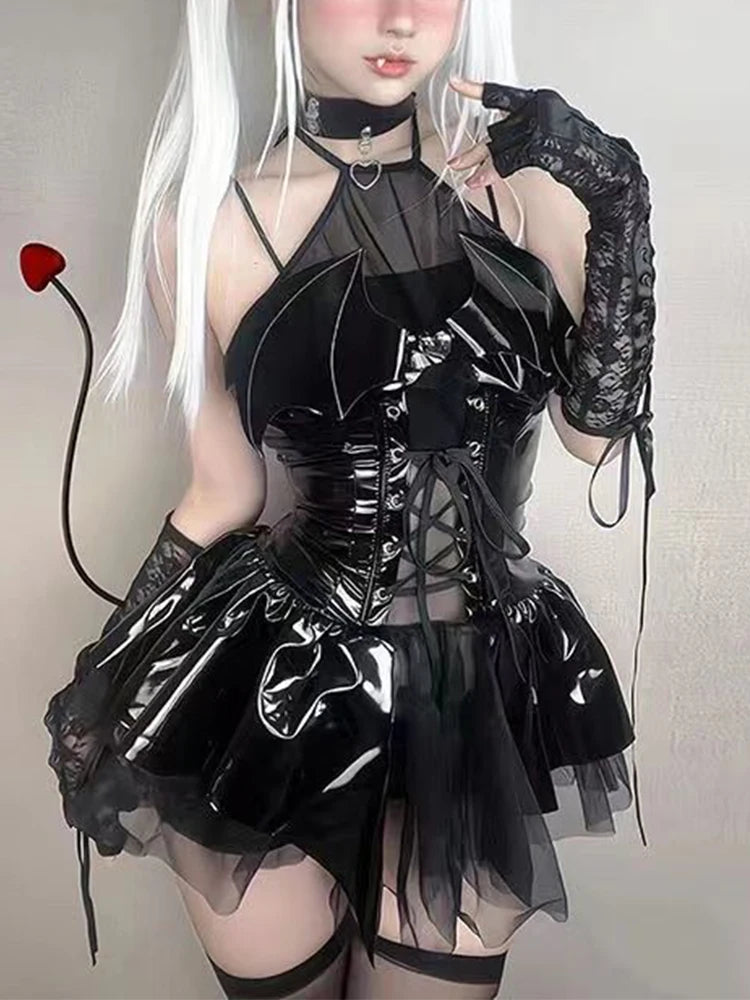 AltGoth Sexy Cosplay Pu Dress Women Harajuku Streetwear Grunge Bandage Hollow Out Bats Dress Punk Y2k E-girl Mall Gothic Clothes