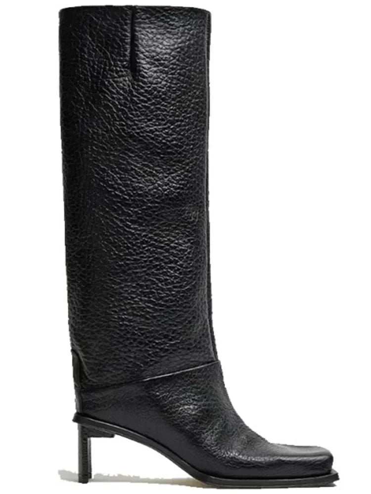 2026New Fashionable Square Head High Heels Women's Knee Length Boots with Side Zipper Stone Pattern Women's Mid Length Boots