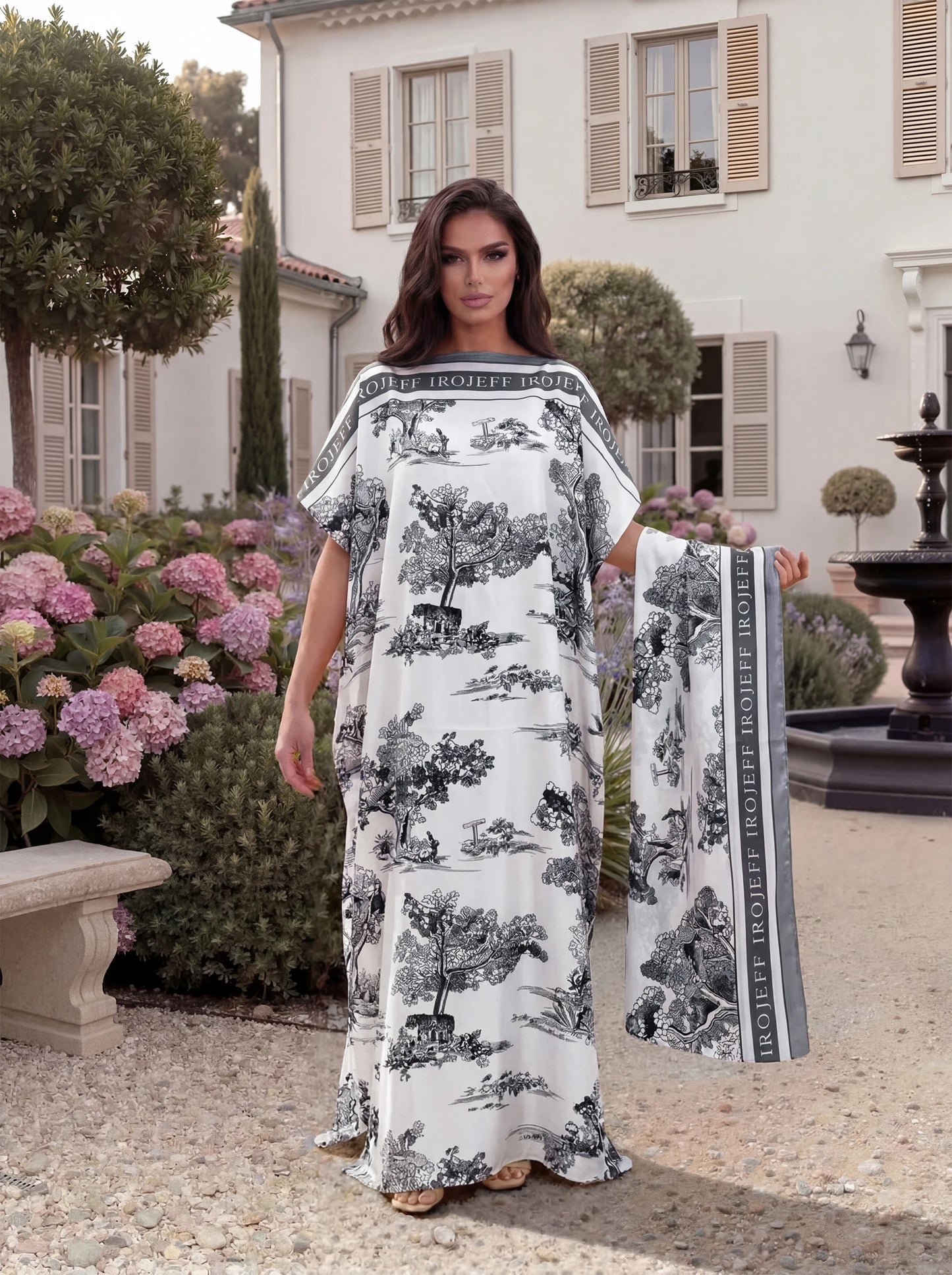 Vintage Landscape Print Satin Abaya Scarf Set, Loose Batwing Maxi Kaftan Modest Dress for Muslim Women Summer Daily Holiday Wear