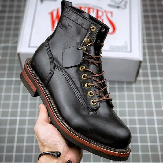 HOT Cowhide Men's Trekking Boot British Ankle Casual Sneakers Trekking Shoes Thick Soled High Top Motorcycle Boots
