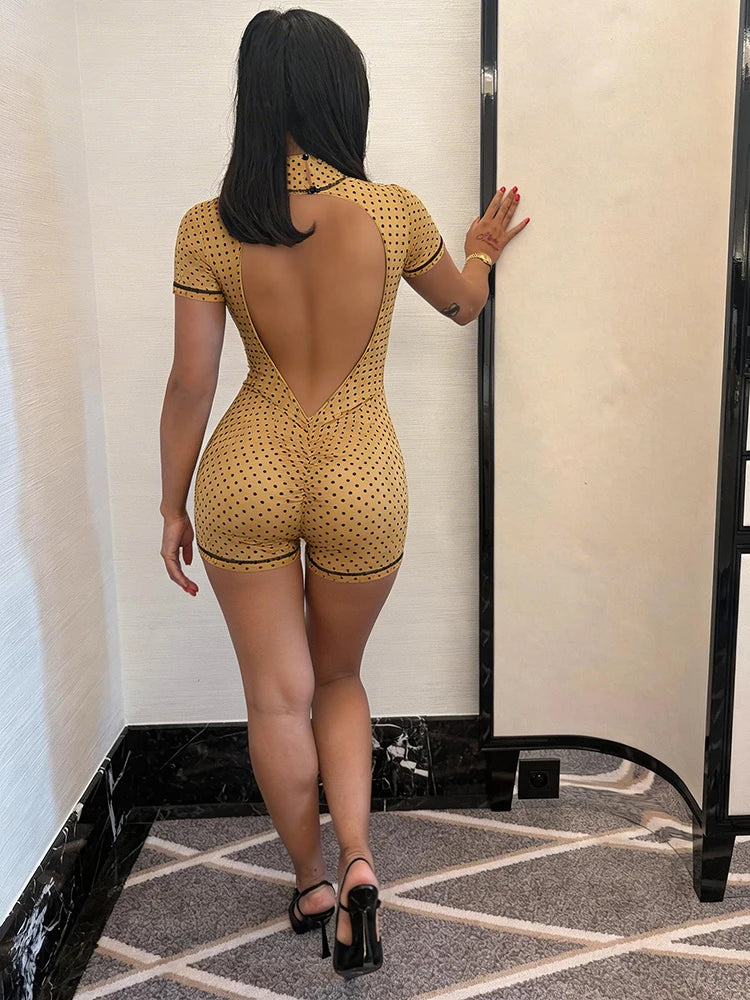 Weird Puss Polka Dot Print Rompers Woman Turtleneck Short Sleeve Backless Skinny Peach Hip Hot Girl Street Sexy Fashion Playsuit
