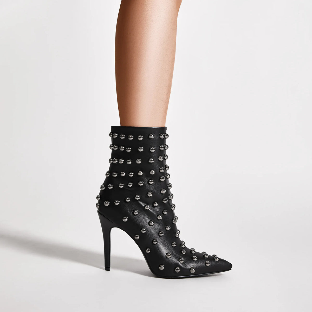 Women PU Studded Ankle Boots Pointed Toe Stiletto High Heel Metal Rivet Decor Punk Rock Fashion Party Short Booties F462