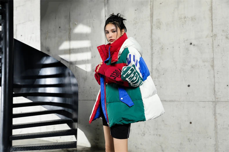 Streetwear Letter Stitching Fashion Down Jacket Women's New Hooded Parka Loose Winter Down Coat Female Thick Casual Warm Clothes