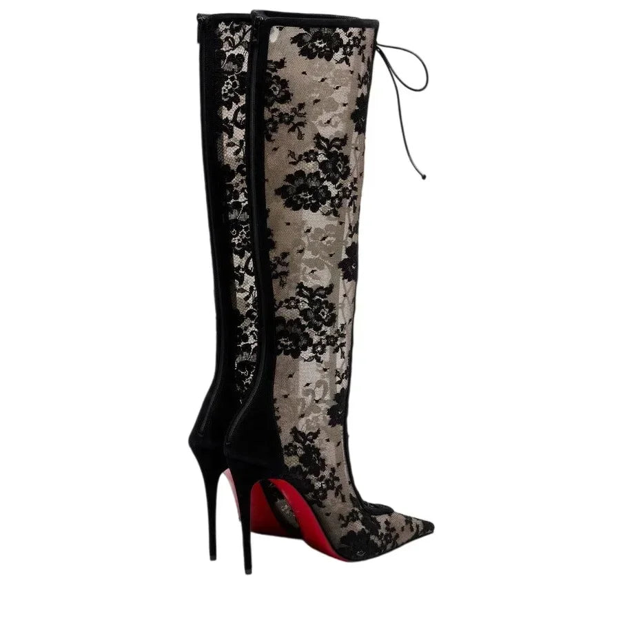 2026Spring and Summer Pointed Black Mesh Fine High Heels Knee Length Cool Boots Embroidered Lace Up Party Wedding Women's Boots