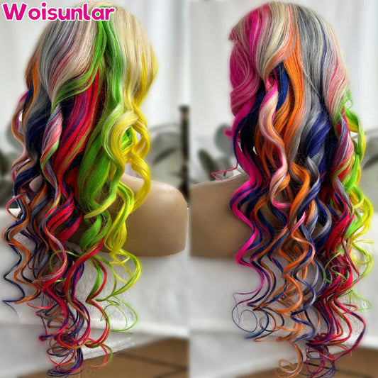 Highlight Colored Green Yellow and Blue Pink Front Wigs Human Hair For Women Body Wave 13x4 Transparent lace Frontal human hair