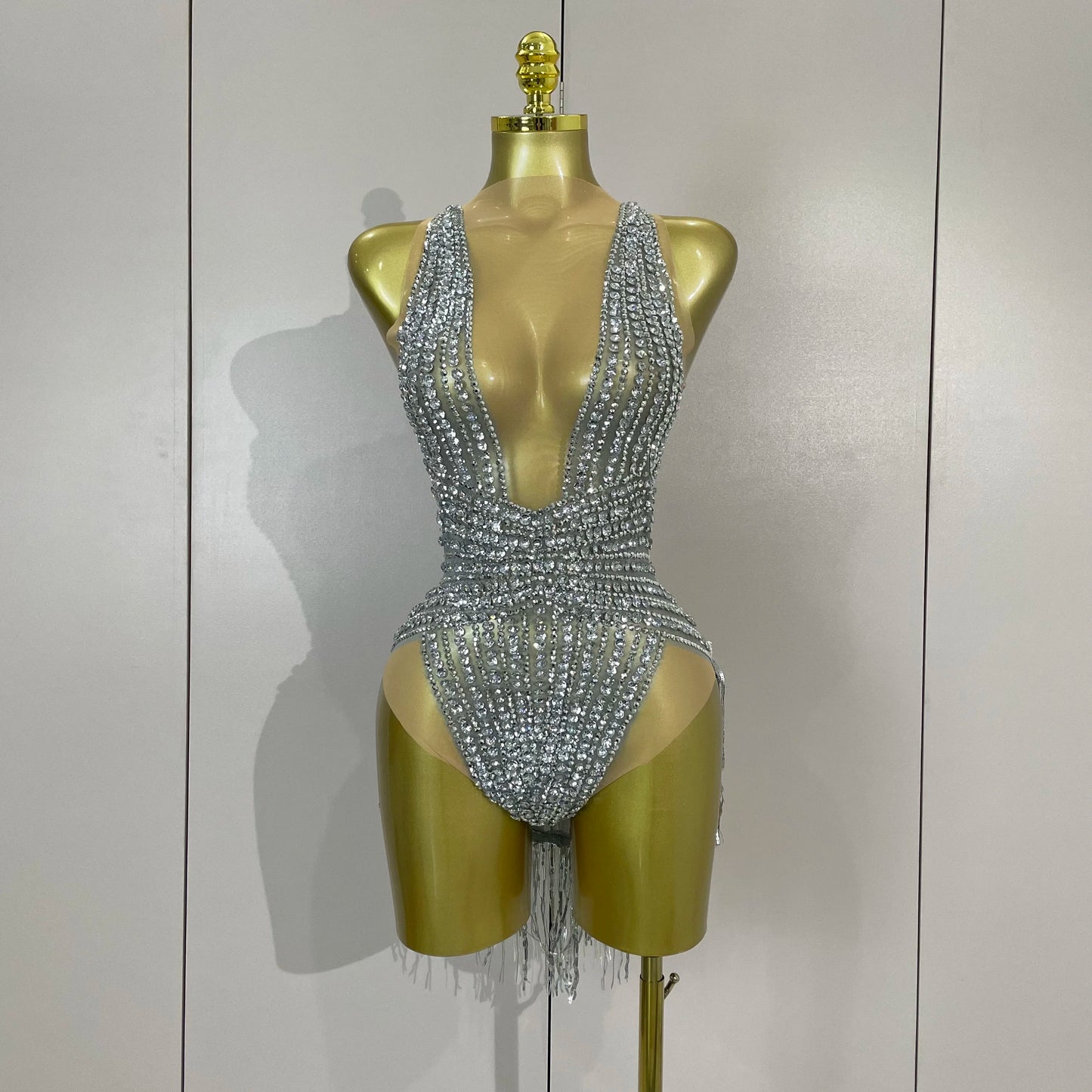 Luxury Sparkly Silver Diamonds Tassel Mesh Sheer Bodysuits Eveing Birthday Party Latin Dancer Bar Nightclub Sexy Stage Costume