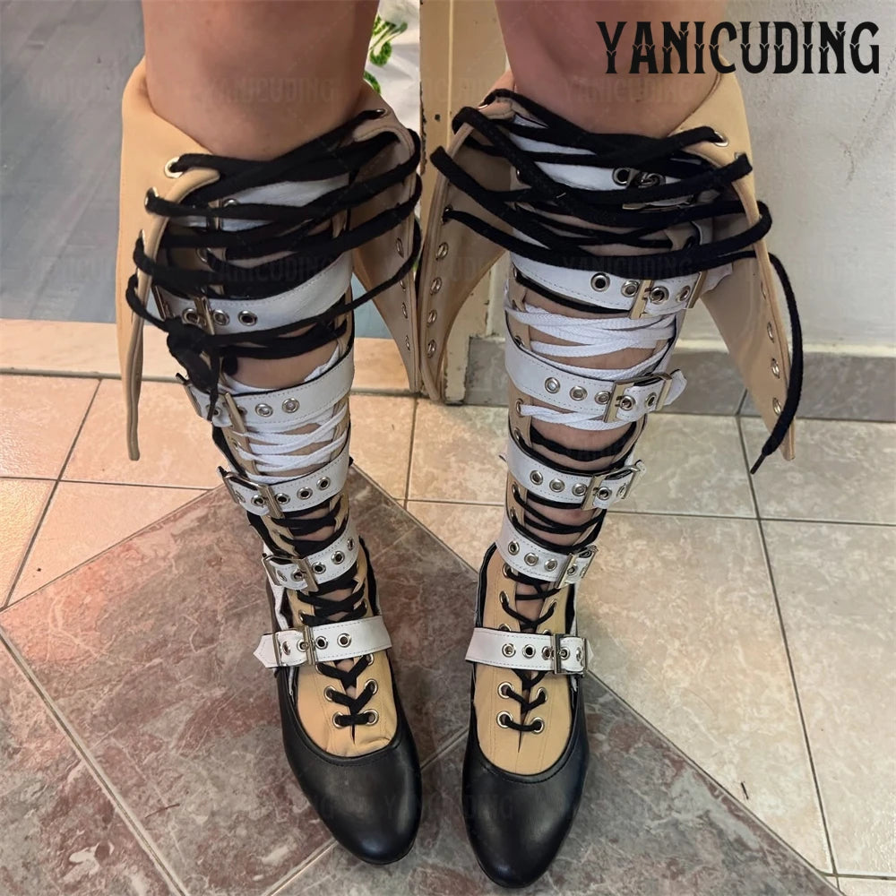 Lace up Buckle Boots Foldable Over-the-Knee Boots Elegant Style Round Toe Flat Boots Black Beige White Handmade Boots for Women
