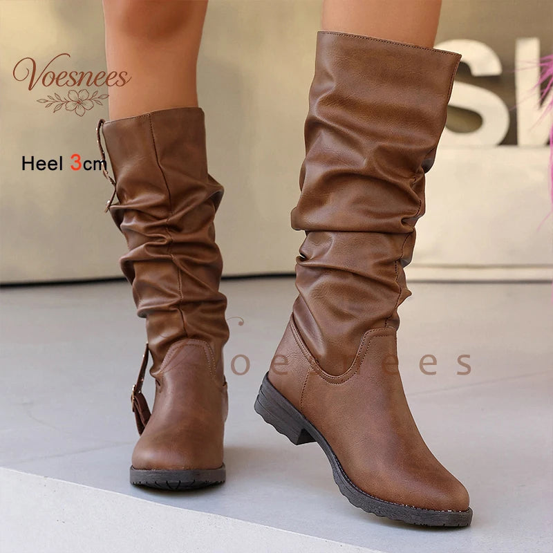 New Autumn Winter Vintage Women Knee High Boots Double Metal Buckle Thick Heels 3CM Knight Boots Casual Pull On Long Boots Shoes
