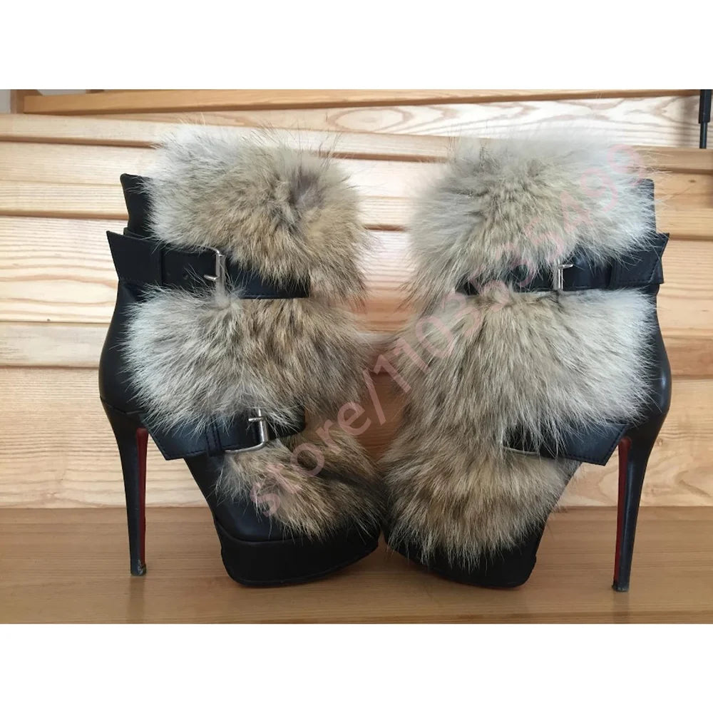 Winter Platform Belt Buckle Soft Fur Short Boots Fashion Show Party Casual Furry Boots New Sexy Women's Stiletto Warm Boots