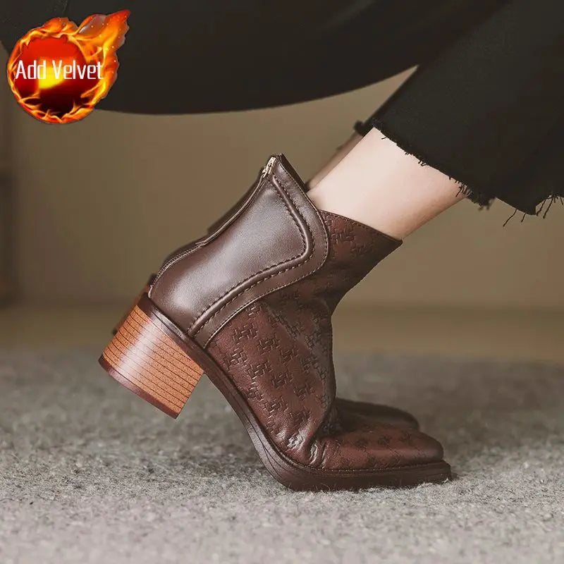 Leather Fleece-Lined Women's Ankle Boots Elegant Luxury Y2k Heeled Female Short Shoes New in Autumn Winter Pointed Toe Booties