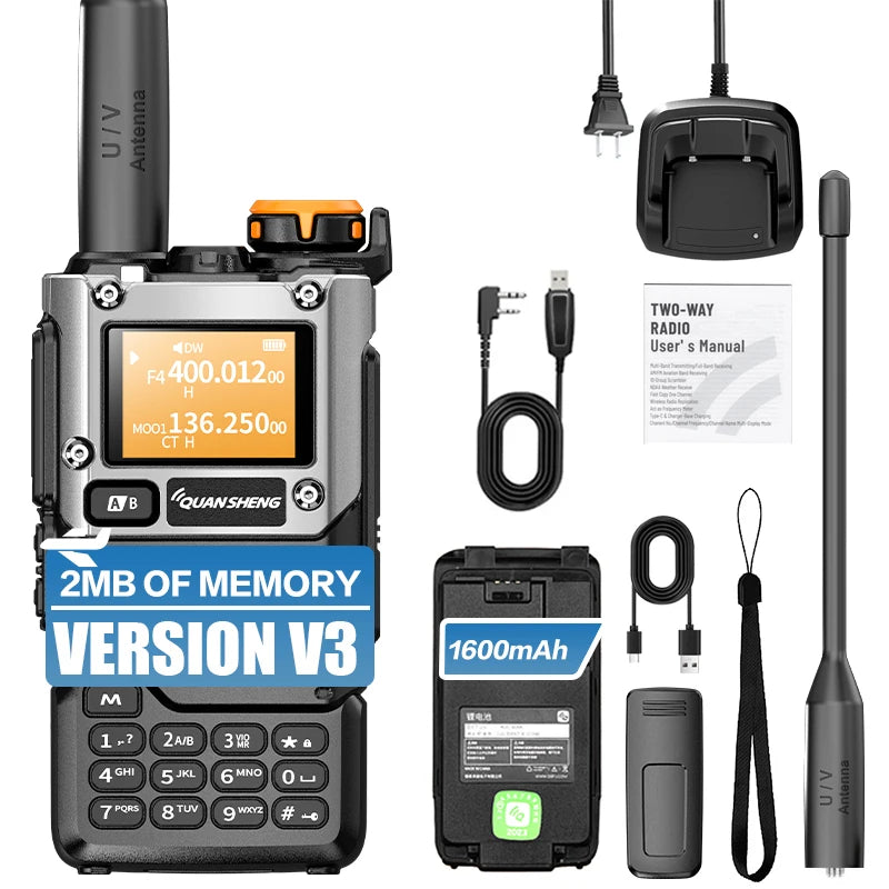 QUANSHENG UV-K5(8) V3 Walkie Talkie 5W 50-600MHz Air Band RX 2MB Memory Custom Firmware Type-C Wireless Frequency Copy Radio
