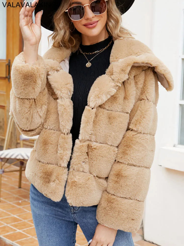 2026 Autumn Winter Turndown Collar Faux Fur Coat Women Casual Long Sleeve Fluffy Plush Jacket Khaki Thick Fake Fur Warm Cardigan