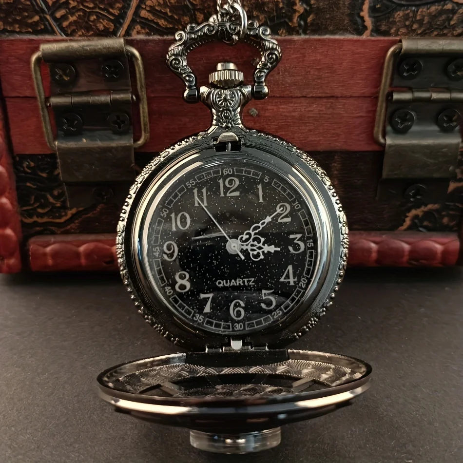 Vintage Black Compass Design Quartz Pocket Watch, With Necklace Pendant, World-Time Feature, Pointer Display Pocket Watch