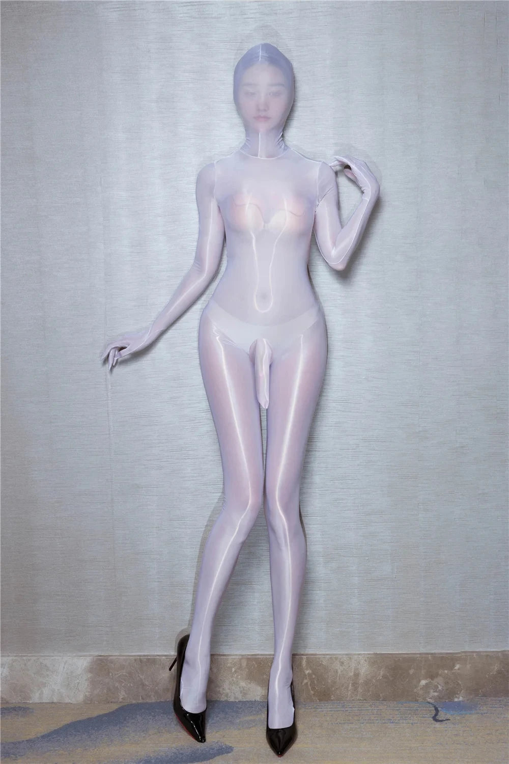 Zipper Open Full Body Catsuit with JJ Pouch Thin Sheath Transparent Body-stocking Unisex Sheer Bodysuit Sexy Lingerie Jumpsuit