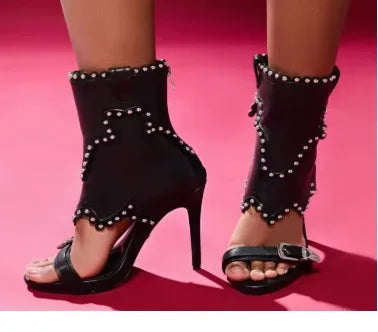 Punk Style Bling Rhinestone Pointed Toe Mid-Calf Women Boots Stiletto High Heels Lace Up Design Large Size Fashion Show Shoes