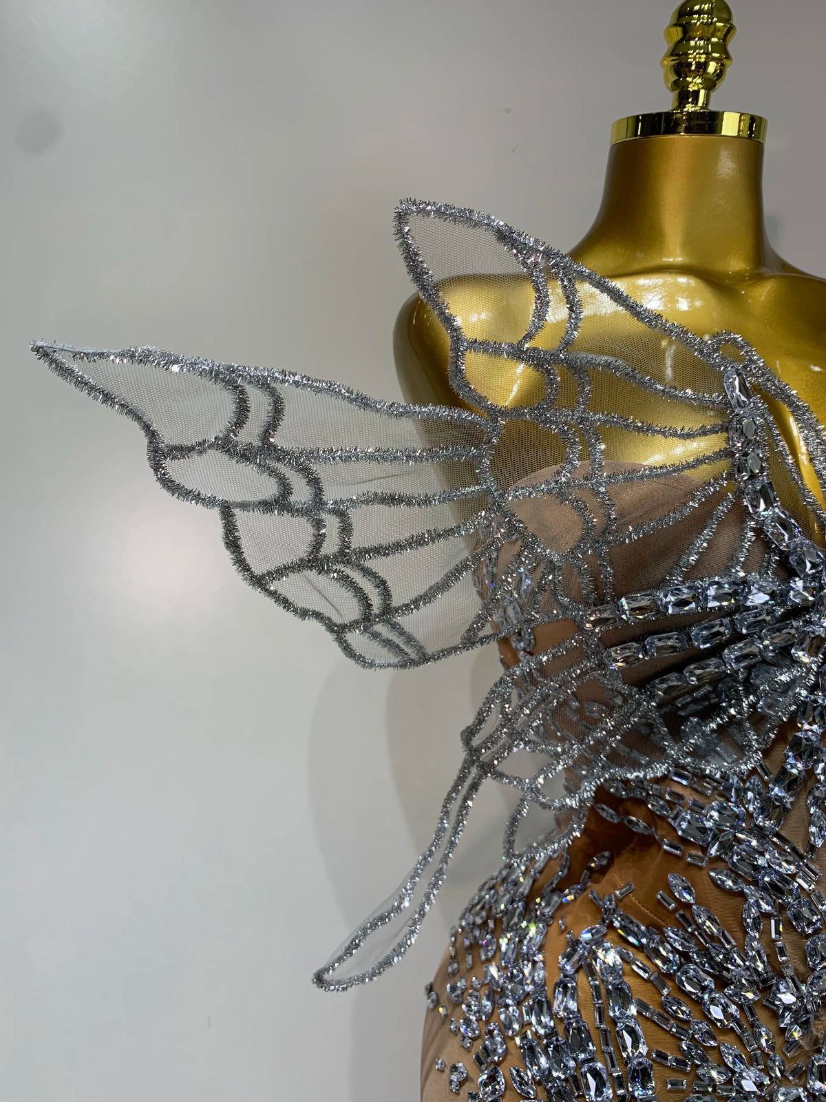 Sparkly Silver Diamond Butterfly Strapless Sheer See Through Jumpsuit Eveing Party Birthday Bar Nightclub Sexy Stage Costumes