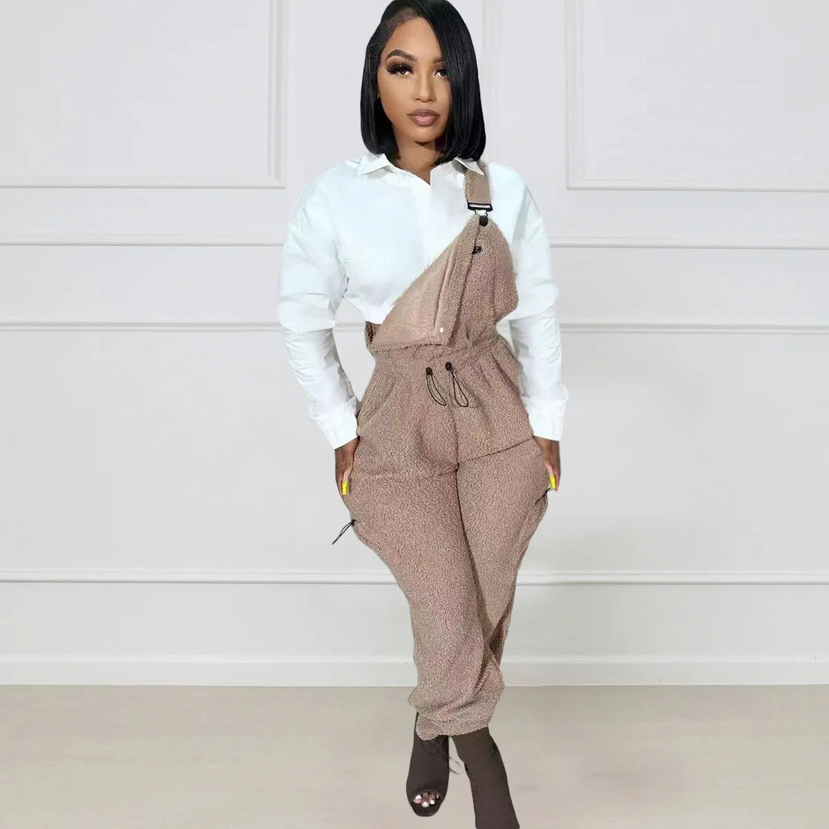 Lace Up Jumpsuit Women One Piece Jumpsuits Fur Rompers High Waist Spring Autumn Pants Mom Overalls Playsuits Elegant Pink