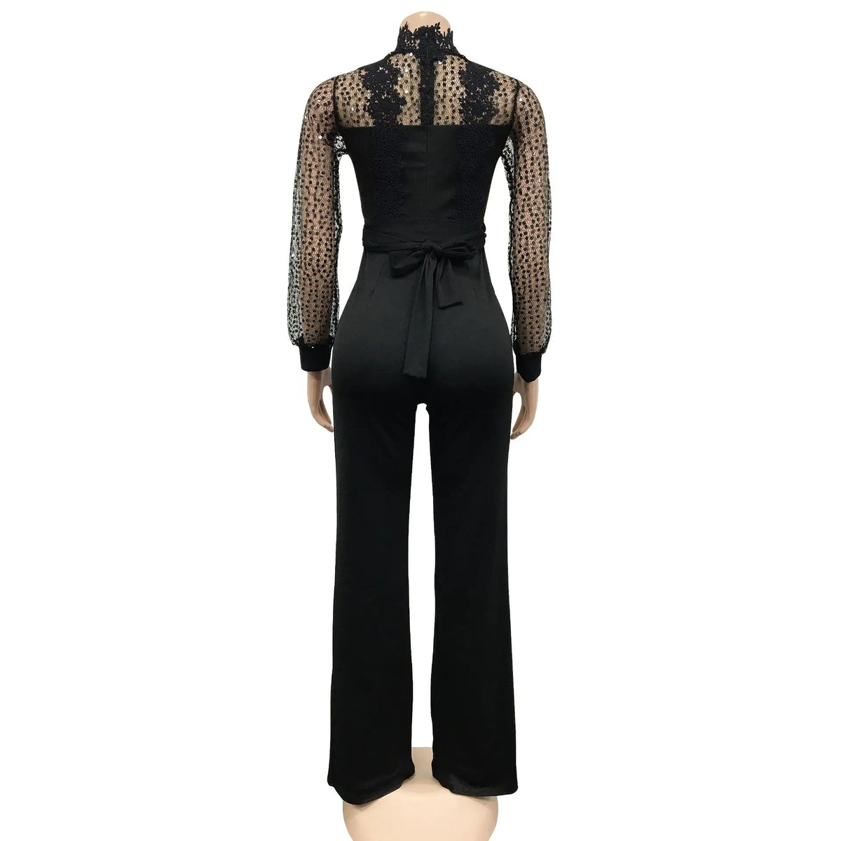 HBLL Women Sequin Lace Jumpsuit Elegant Long Sleeve Wide Leg Pants Sexy See Through Evening Party Outfits Jumpsuits With Belt