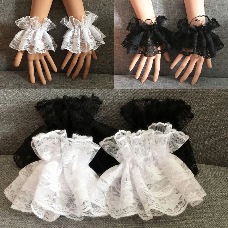 Lolita Short Hand Sleeve Gloves Steampunk Lolita Hand Sleeve Wrist Cuffs Ruffled Floral Lace Elastic Bracelet Clothing Accessory