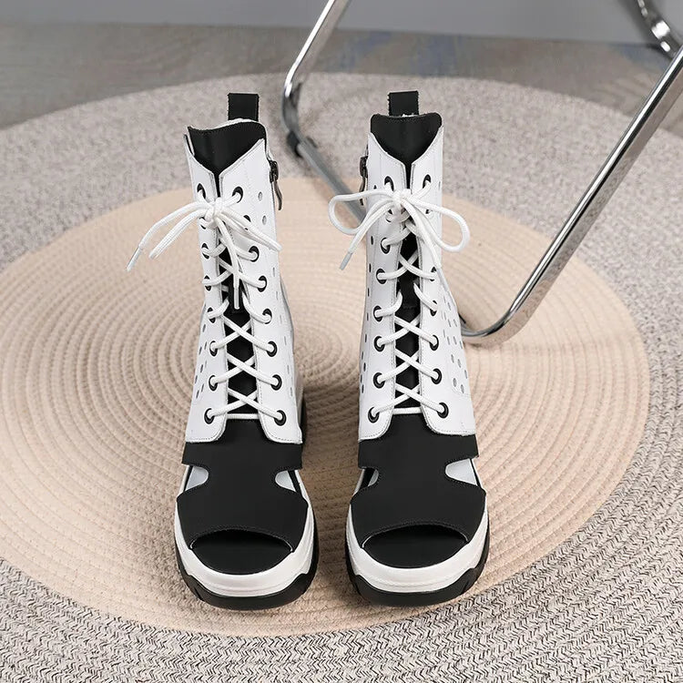 Women's Peep Toe Wedge Boots Summer Hollow Out Lace Up Side Zipper Platform Wedge Heel Breathable Fashion Retro Casual Shoes