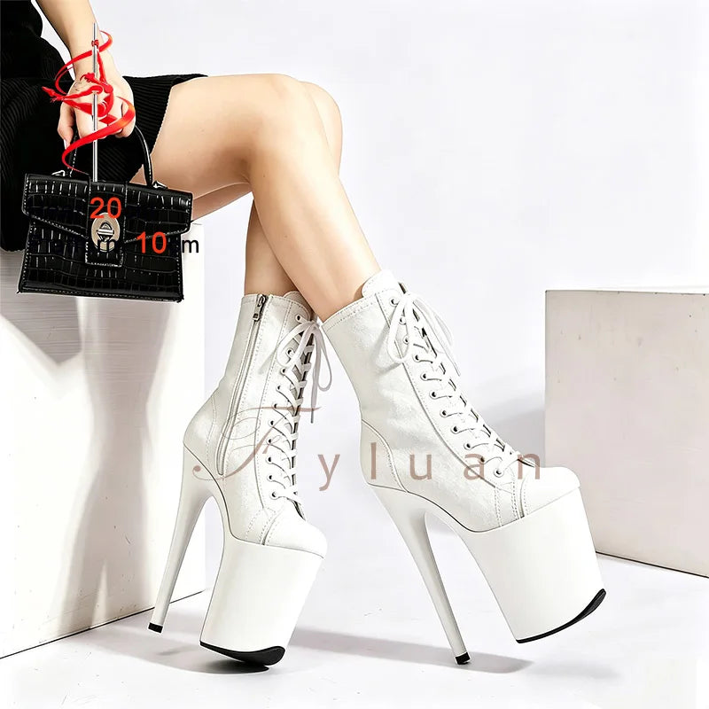 20CM/8Inch Extreme High Heel Platform Ankle Booties for Women Pole Dance Shoes Front Lace Up Black Denim Canvas Stiletto Boots