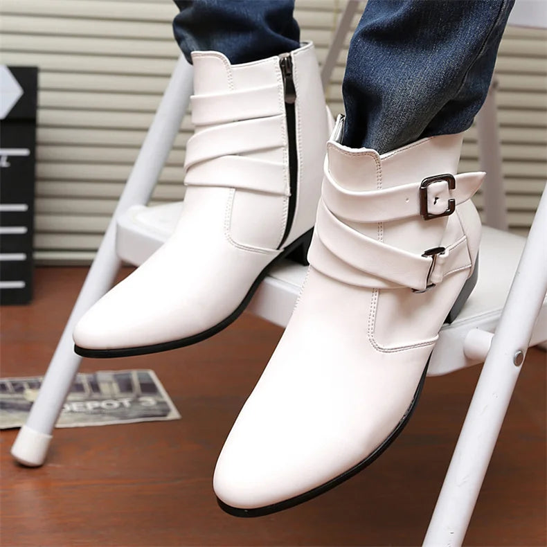 Leather Chelsea Boots Men Designer 2024 White Dress Boots Men Casual High top Buckle Strap Formal Shoes Men Motorcycle Boots