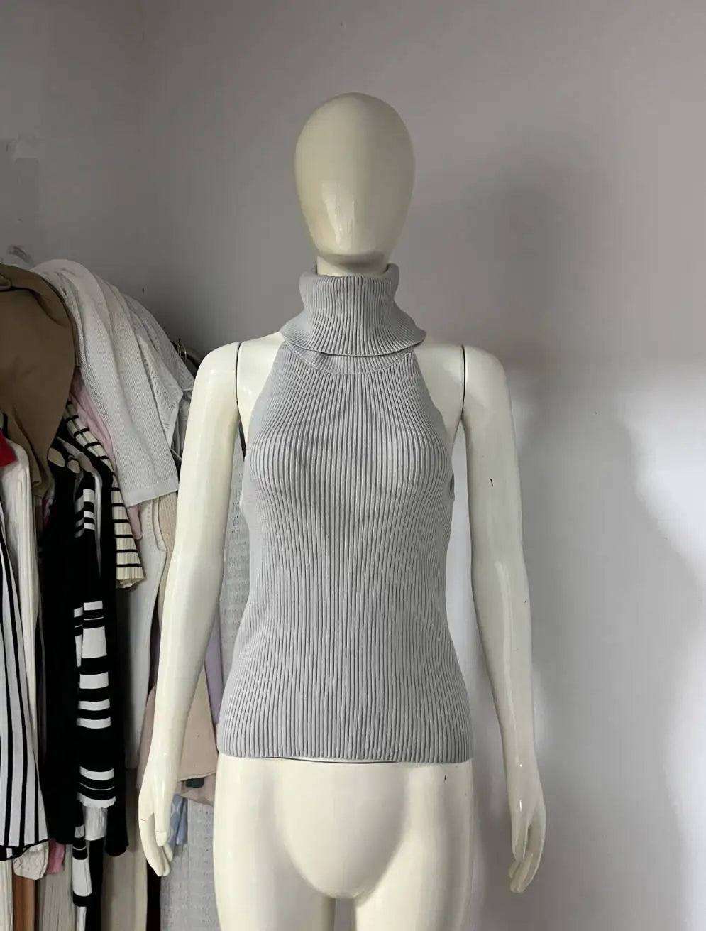 2025 New Women's High Neck Sexy Open Back Buckle Knitted Vest Long Sleeved Shawl Duo Set
