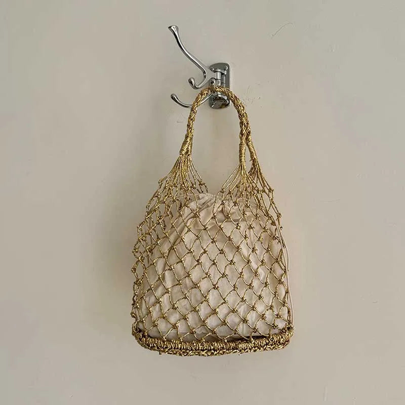 Hylhexyr Ins New Solid Color Gold and Silver Thread Handmade Weaving Bag Bucket Shaped Fashion Handbag Beach Bags