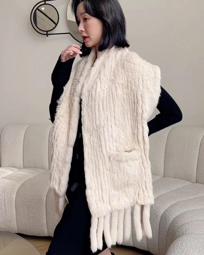 Winter Women Fashion Real Rabbit Fur Shawl 100% Natural Quality Rabbit Fur Scarf Female Hand Knitted Rabbit Fur Poncho Scarves