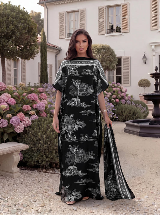 Vintage Landscape Print Satin Abaya Scarf Set, Loose Batwing Maxi Kaftan Modest Dress for Muslim Women Summer Daily Holiday Wear